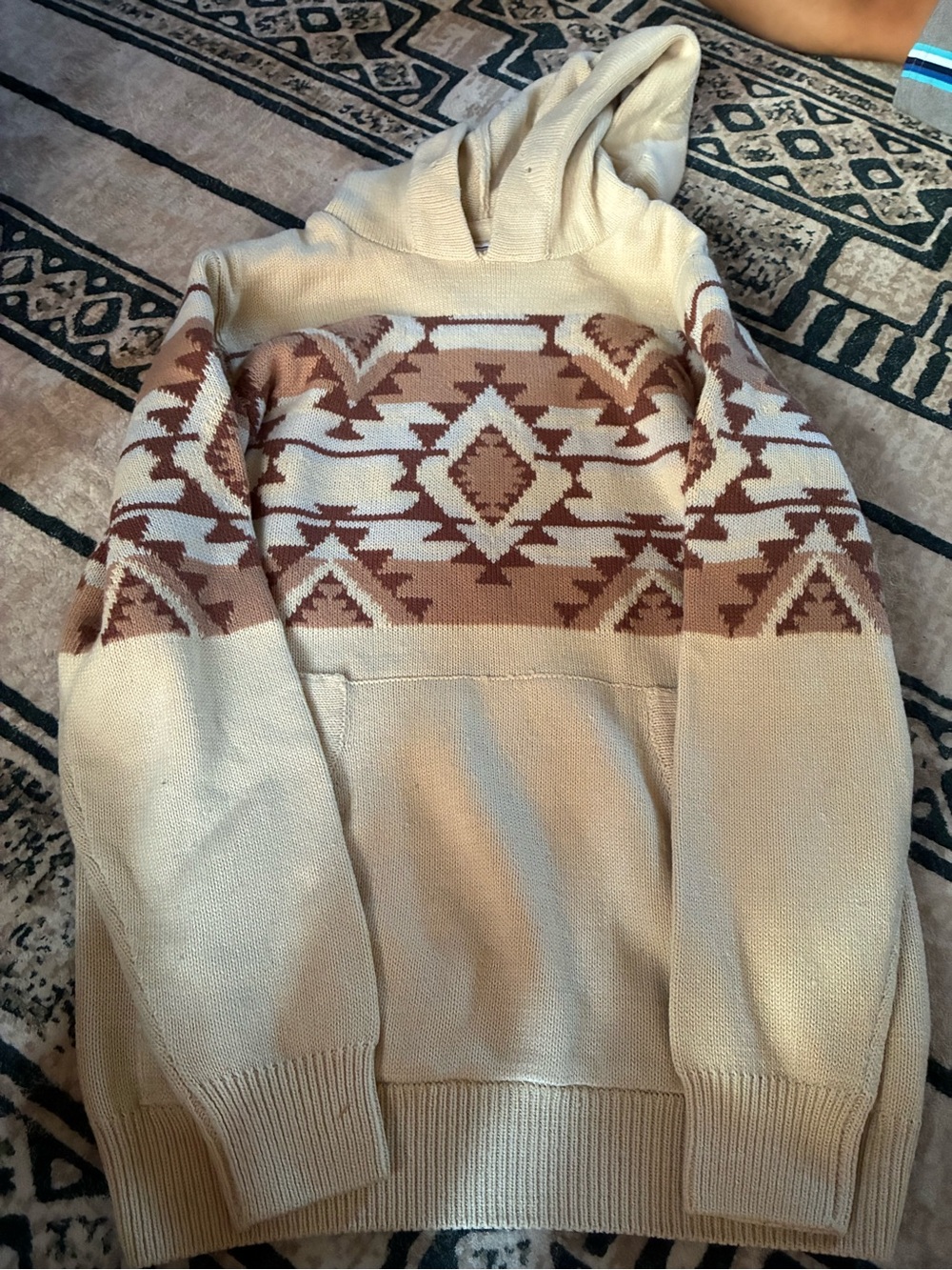 Beige Hooded Sweater with Brown Pattern - Men (has no strings )